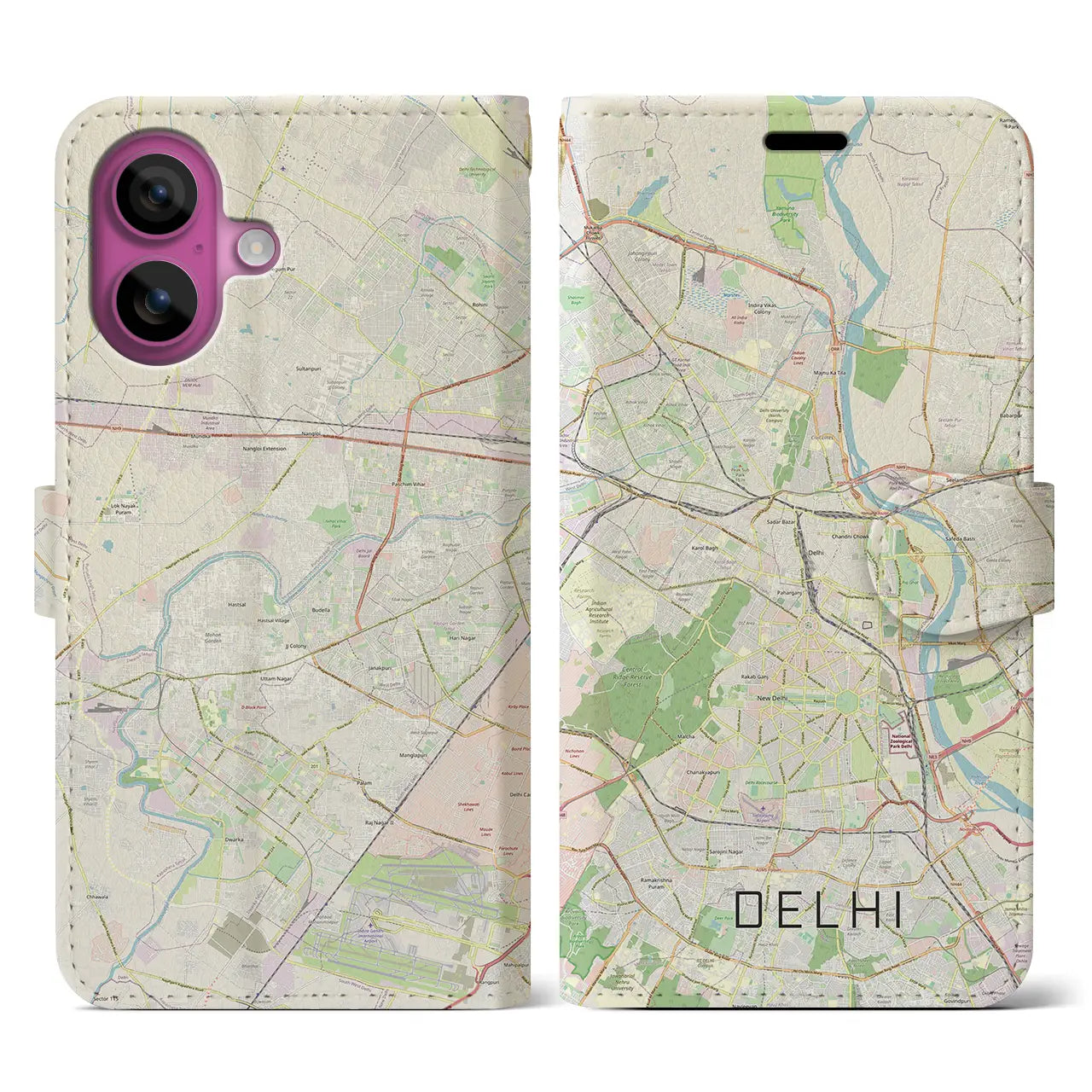 【デリー（インド）】地図柄iPhoneケース（手帳タイプ）ナチュラル・iPhone 16 Pro 用