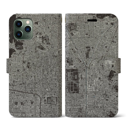 【出町柳（京都府）】地図柄iPhoneケース（手帳タイプ）モノトーン・iPhone 11 Pro 用