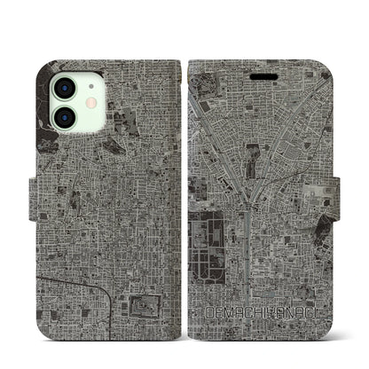 【出町柳（京都府）】地図柄iPhoneケース（手帳タイプ）モノトーン・iPhone 12 mini 用