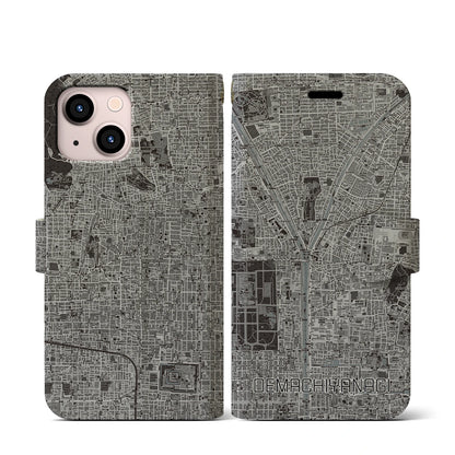 【出町柳（京都府）】地図柄iPhoneケース（手帳タイプ）モノトーン・iPhone 13 mini 用