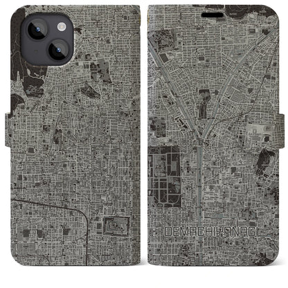 【出町柳（京都府）】地図柄iPhoneケース（手帳タイプ）モノトーン・iPhone 14 Plus 用