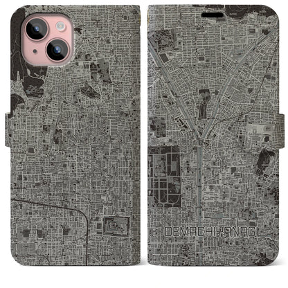 【出町柳（京都府）】地図柄iPhoneケース（手帳タイプ）モノトーン・iPhone 15 Plus 用