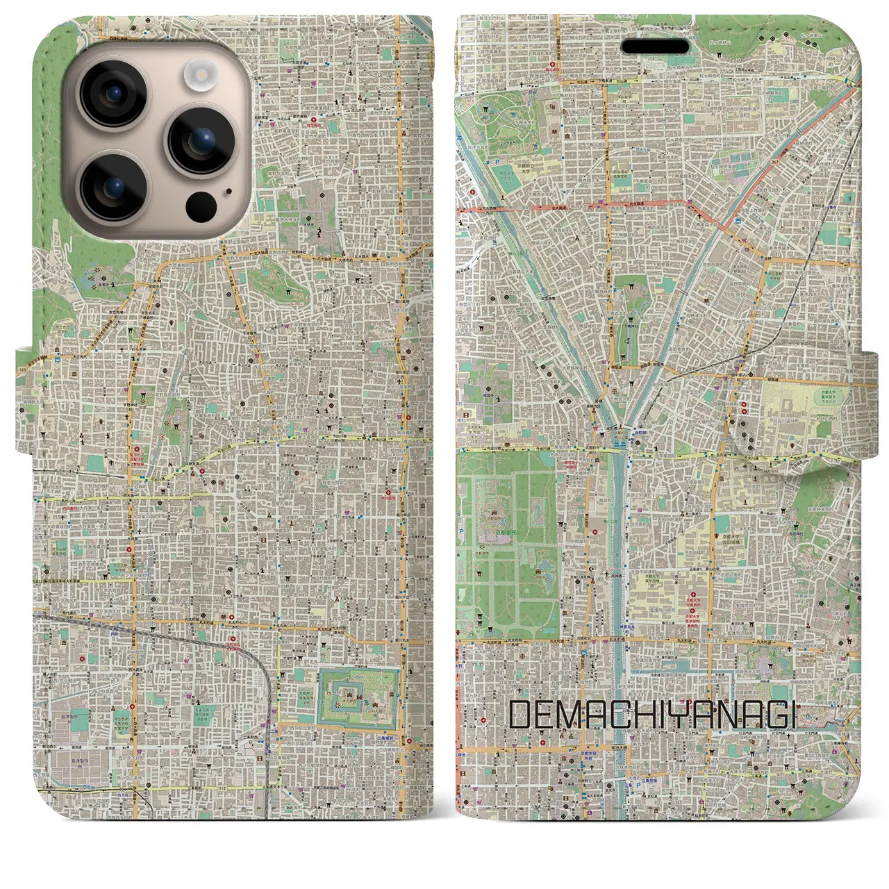 【出町柳（京都府）】地図柄iPhoneケース（手帳タイプ）ナチュラル・iPhone 16 Plus 用