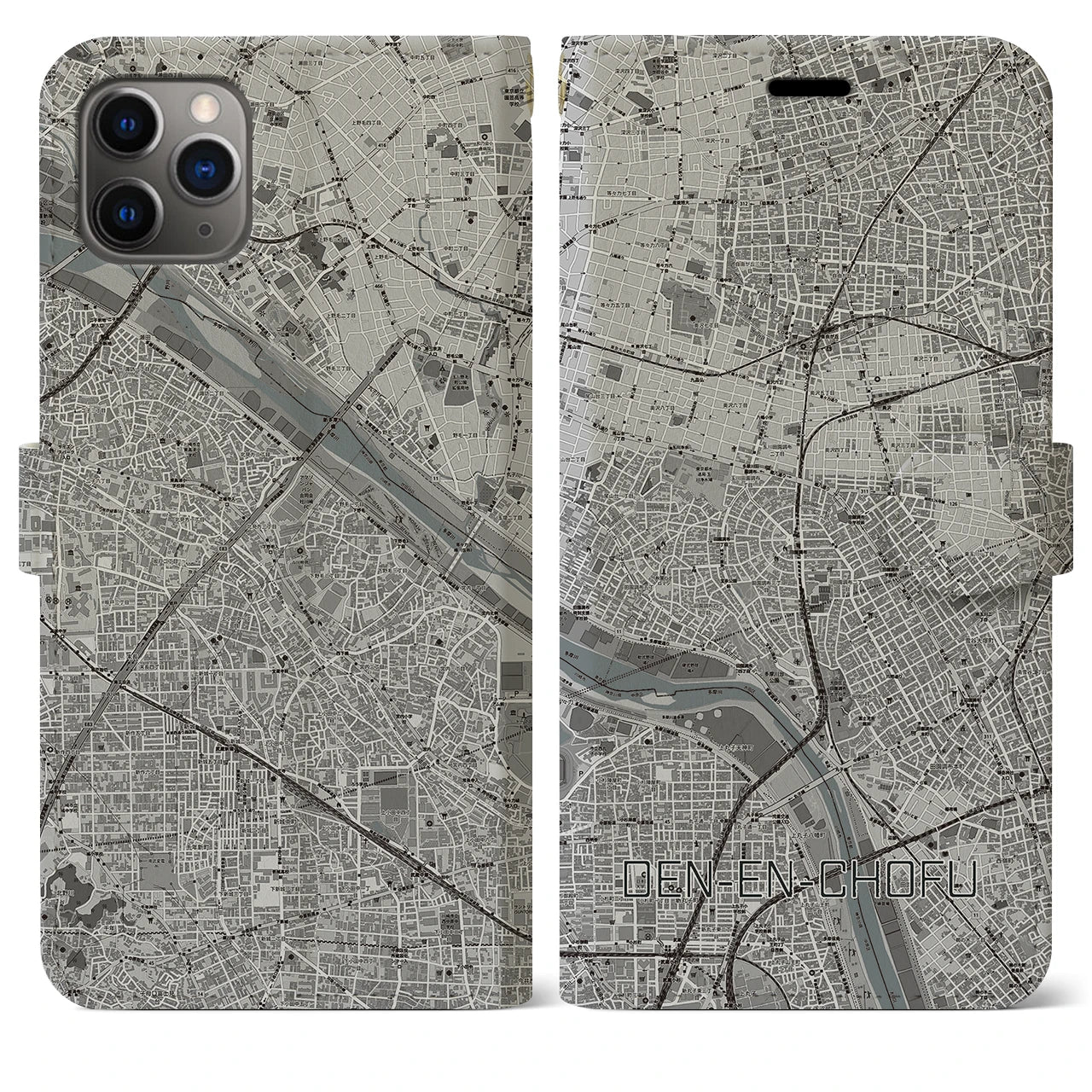 【田園調布】地図柄iPhoneケース（手帳両面タイプ・モノトーン）iPhone 11 Pro Max 用