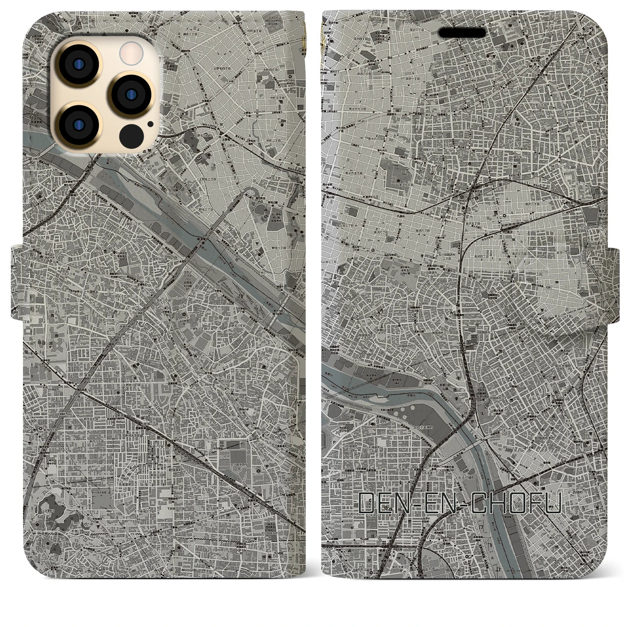 【田園調布】地図柄iPhoneケース（手帳両面タイプ・モノトーン）iPhone 12 Pro Max 用