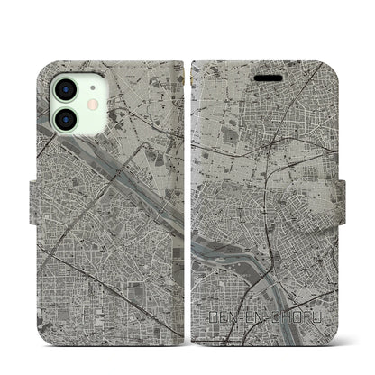 【田園調布（東京都）】地図柄iPhoneケース（手帳タイプ）モノトーン・iPhone 12 mini 用