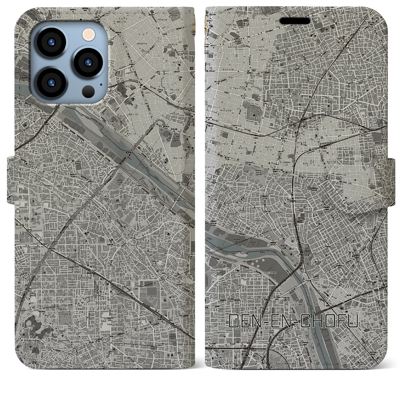 【田園調布】地図柄iPhoneケース（手帳両面タイプ・モノトーン）iPhone 13 Pro Max 用
