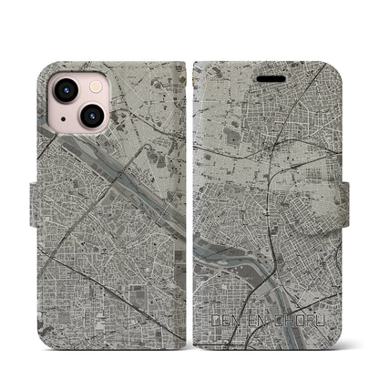 【田園調布（東京都）】地図柄iPhoneケース（手帳タイプ）モノトーン・iPhone 13 mini 用