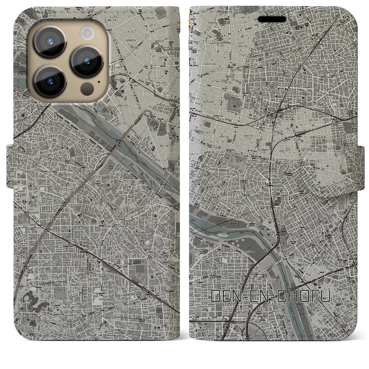 【田園調布】地図柄iPhoneケース（手帳両面タイプ・モノトーン）iPhone 14 Pro Max 用