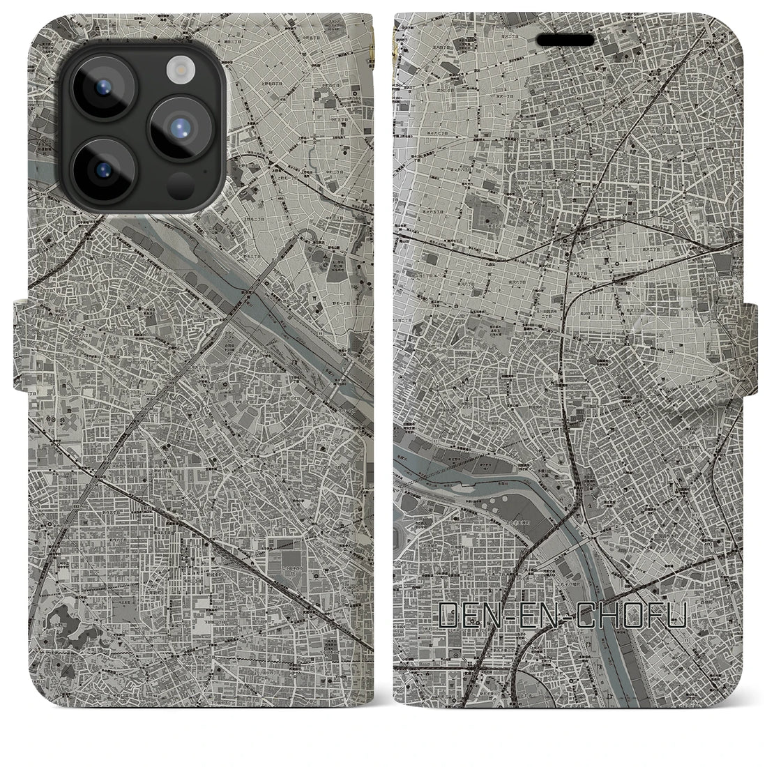 【田園調布】地図柄iPhoneケース（手帳両面タイプ・モノトーン）iPhone 15 Pro Max 用