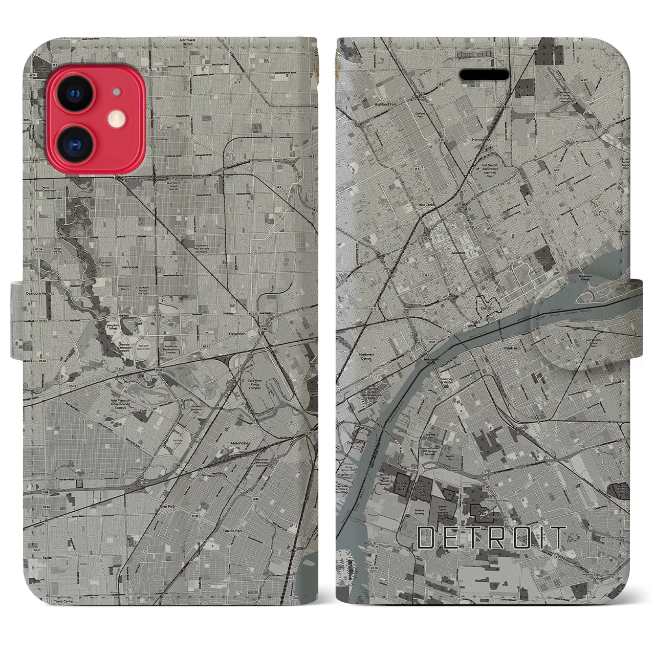 【デトロイト】地図柄iPhoneケース（手帳両面タイプ・モノトーン）iPhone 11 用
