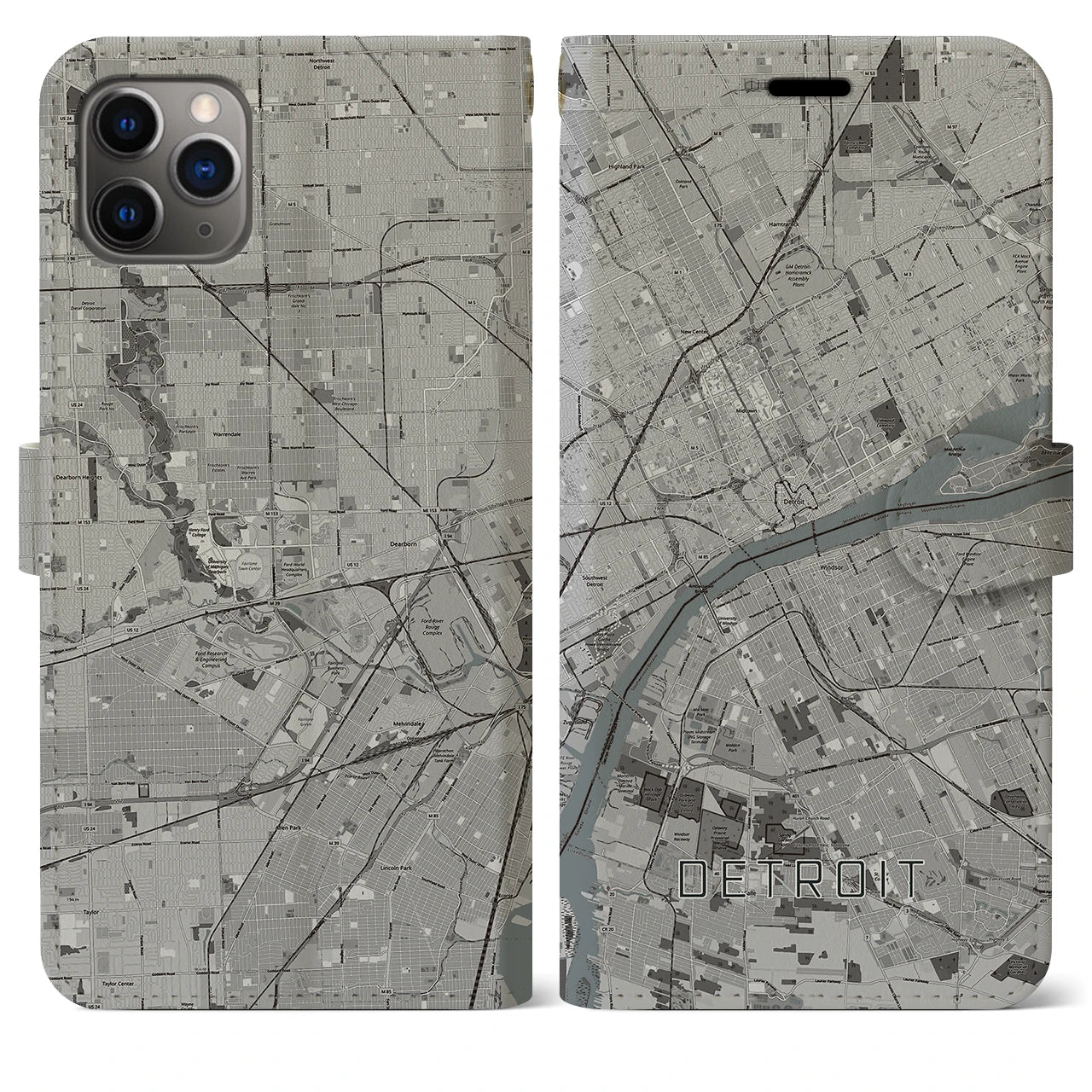 【デトロイト】地図柄iPhoneケース（手帳両面タイプ・モノトーン）iPhone 11 Pro Max 用