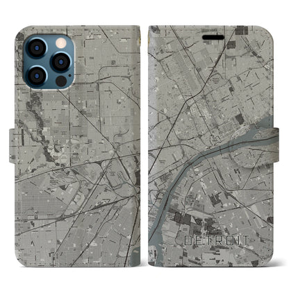 【デトロイト（アメリカ）】地図柄iPhoneケース（手帳タイプ）モノトーン・iPhone 12 / 12 Pro 用