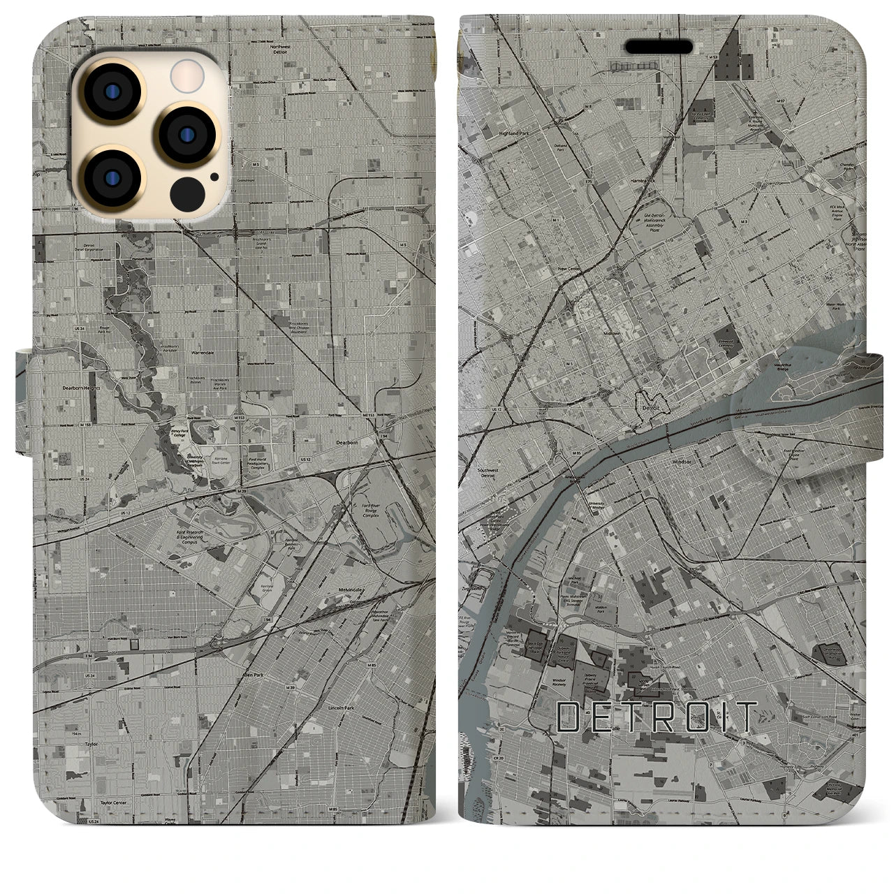 【デトロイト】地図柄iPhoneケース（手帳両面タイプ・モノトーン）iPhone 12 Pro Max 用