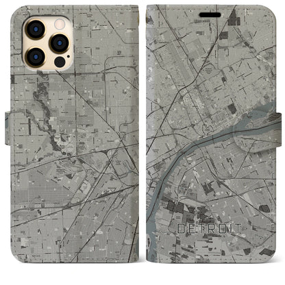 【デトロイト（アメリカ）】地図柄iPhoneケース（手帳タイプ）モノトーン・iPhone 12 Pro Max 用