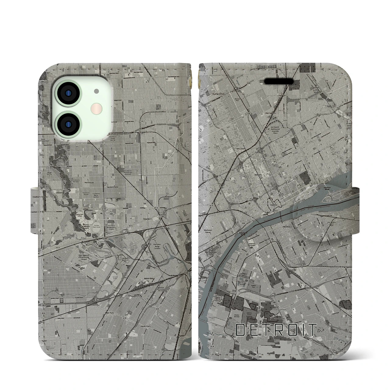 【デトロイト】地図柄iPhoneケース（手帳両面タイプ・モノトーン）iPhone 12 mini 用