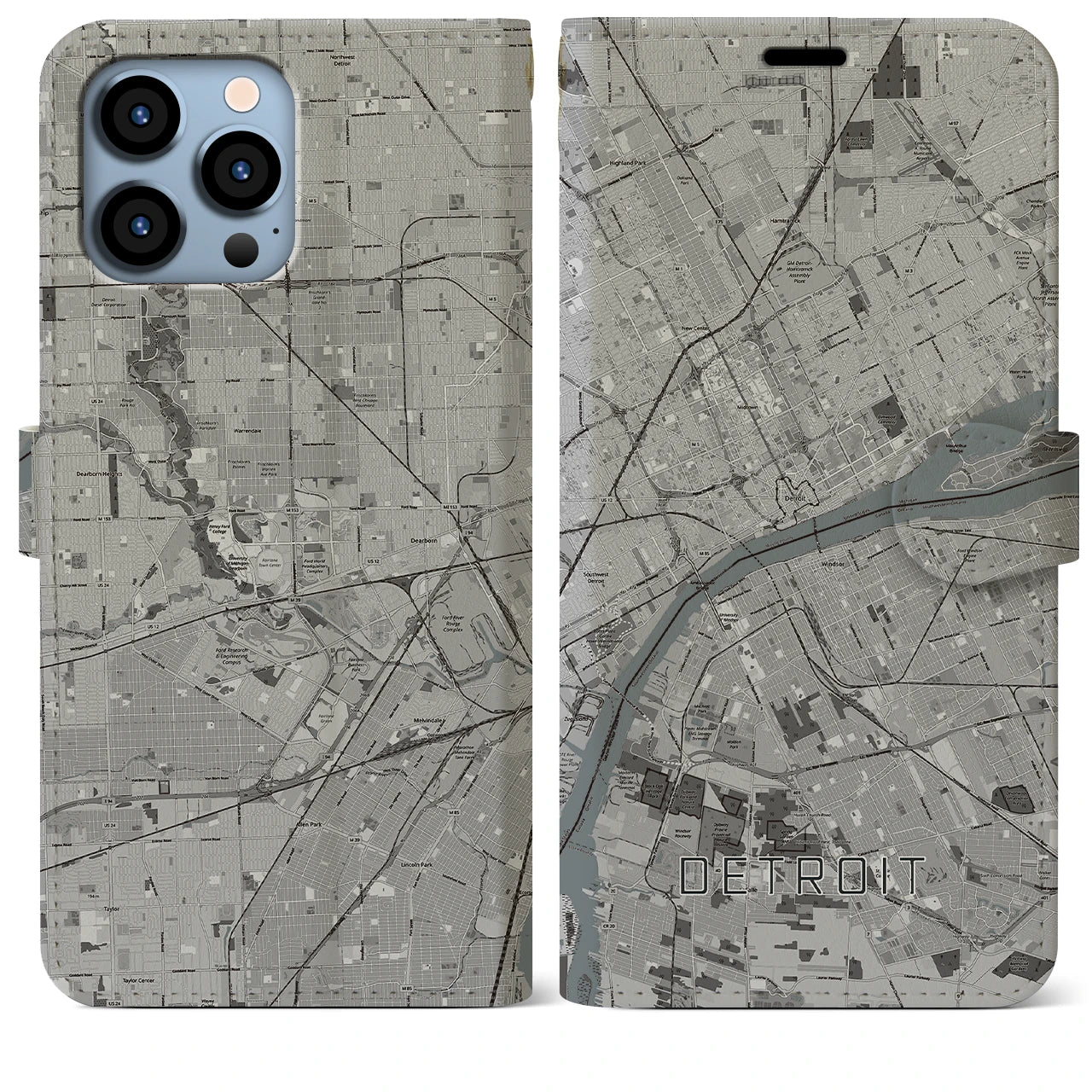 【デトロイト】地図柄iPhoneケース（手帳両面タイプ・モノトーン）iPhone 13 Pro Max 用