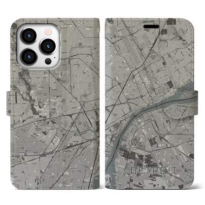 【デトロイト（アメリカ）】地図柄iPhoneケース（手帳タイプ）モノトーン・iPhone 13 Pro 用