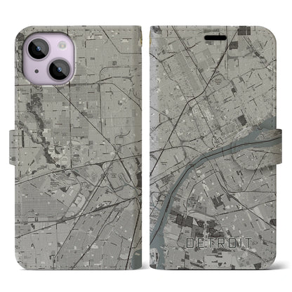 【デトロイト（アメリカ）】地図柄iPhoneケース（手帳タイプ）モノトーン・iPhone 14 用