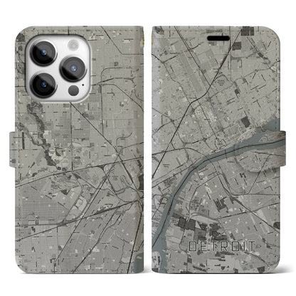 【デトロイト（アメリカ）】地図柄iPhoneケース（手帳タイプ）モノトーン・iPhone 14 Pro 用