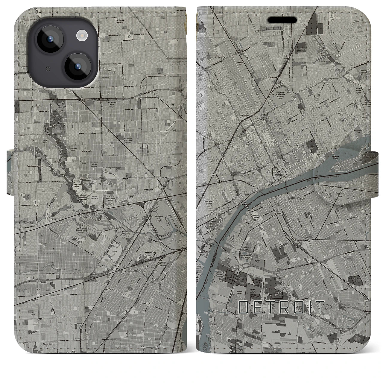 【デトロイト】地図柄iPhoneケース（手帳両面タイプ・モノトーン）iPhone 14 Plus 用