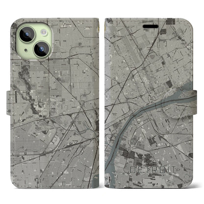【デトロイト（アメリカ）】地図柄iPhoneケース（手帳タイプ）モノトーン・iPhone 15 用