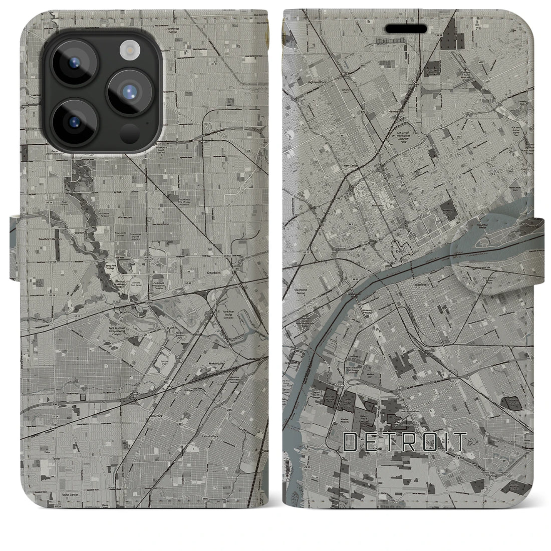 【デトロイト】地図柄iPhoneケース（手帳両面タイプ・モノトーン）iPhone 15 Pro Max 用