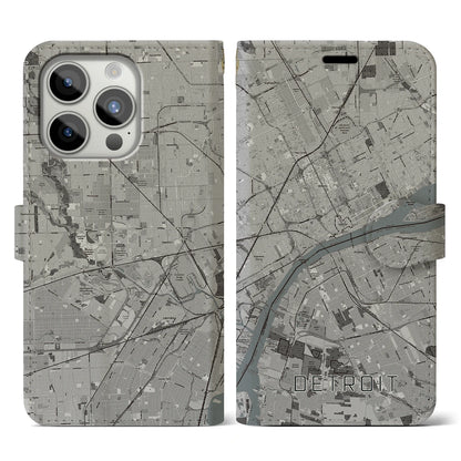 【デトロイト（アメリカ）】地図柄iPhoneケース（手帳タイプ）モノトーン・iPhone 15 Pro 用