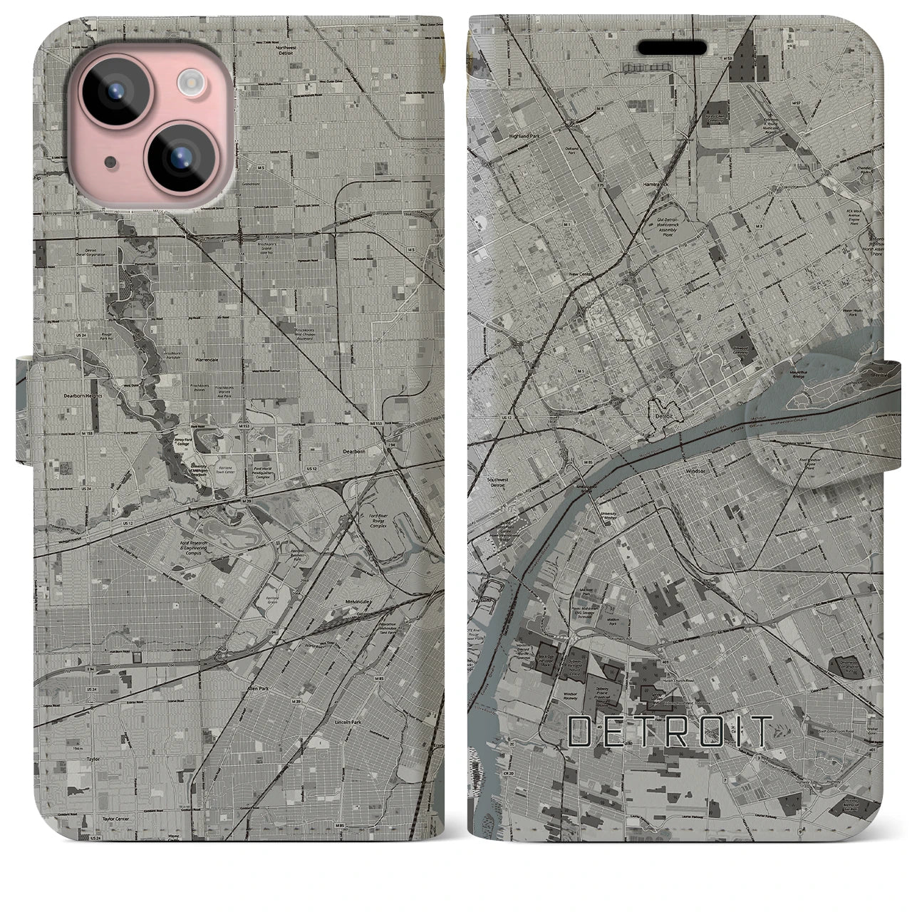 【デトロイト】地図柄iPhoneケース（手帳両面タイプ・モノトーン）iPhone 15 Plus 用