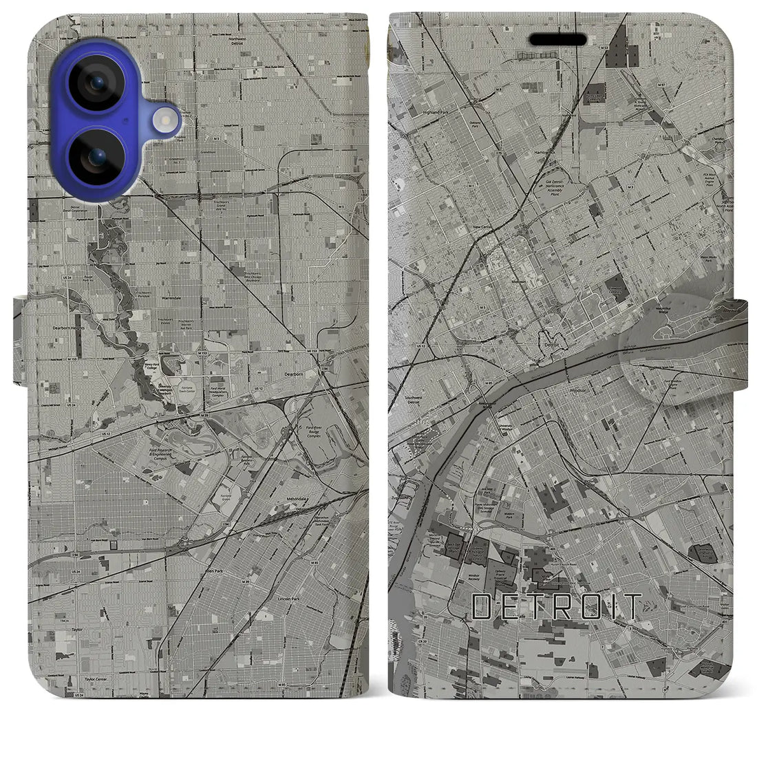 【デトロイト(アメリカ)】地図柄iPhoneケース(手帳タイプ)モノトーン・iPhone 16 Pro Max 用