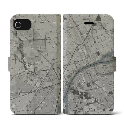 【デトロイト（アメリカ）】地図柄iPhoneケース（手帳タイプ）モノトーン・iPhone SE（第3 / 第2世代） / 8 / 7 / 6s / 6 用