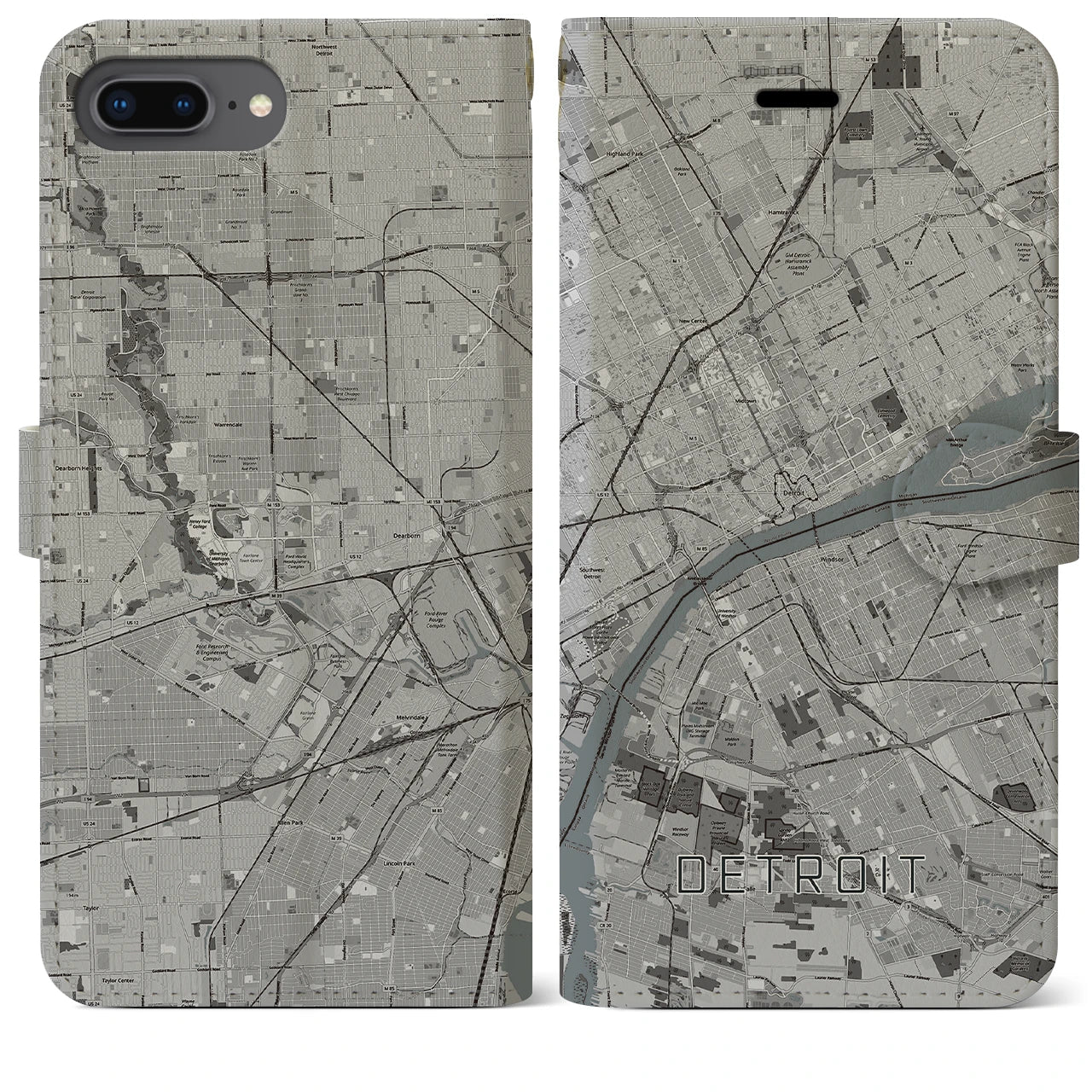 【デトロイト】地図柄iPhoneケース（手帳両面タイプ・モノトーン）iPhone 8Plus /7Plus / 6sPlus / 6Plus 用