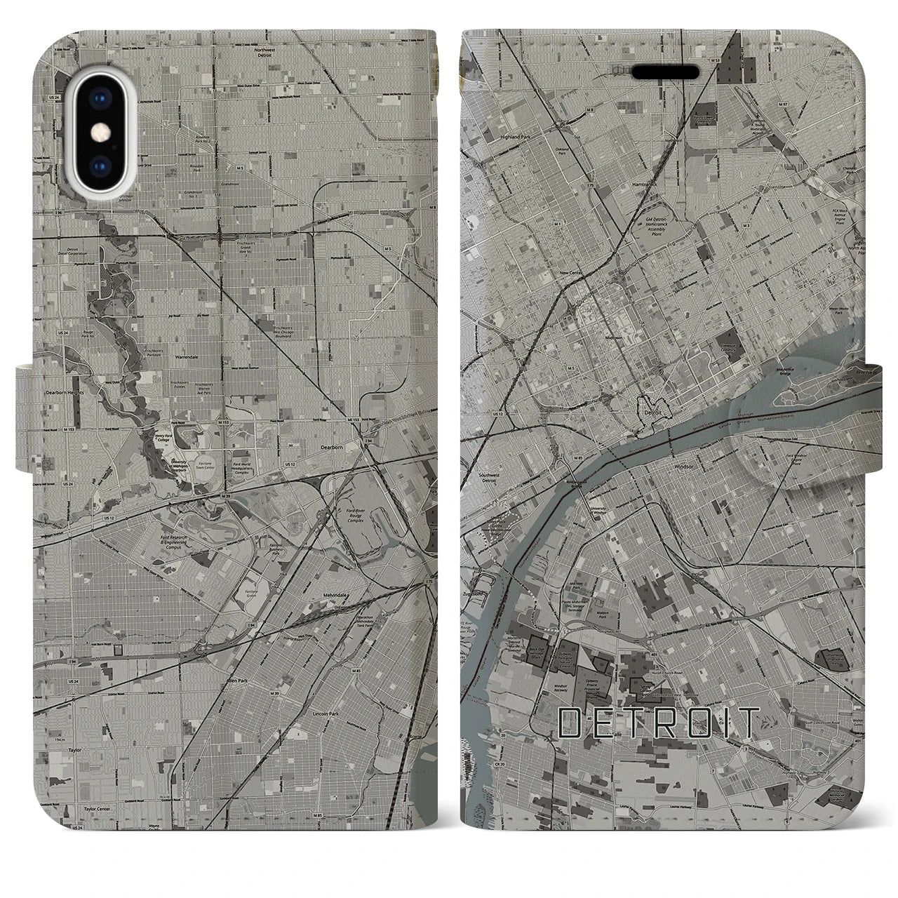 【デトロイト】地図柄iPhoneケース（手帳両面タイプ・モノトーン）iPhone XS Max 用