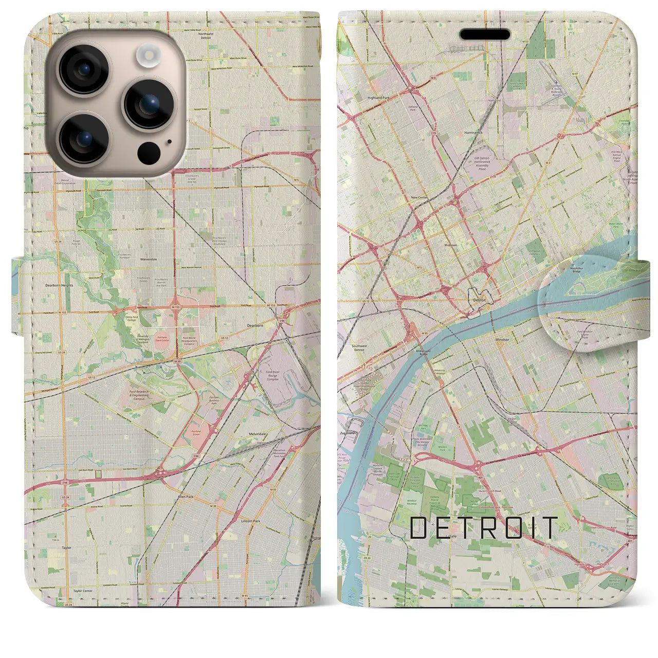 【デトロイト（アメリカ）】地図柄iPhoneケース（手帳タイプ）ナチュラル・iPhone 16 Plus 用