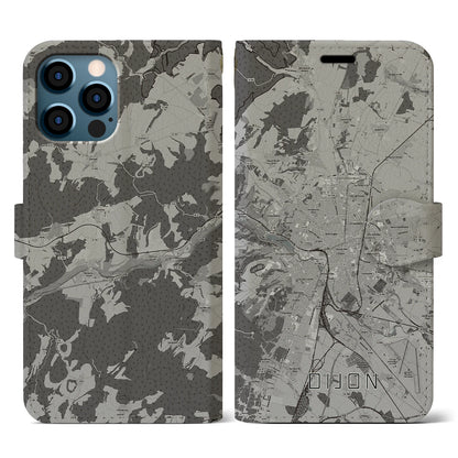 【ディジョン（フランス）】地図柄iPhoneケース（手帳タイプ）モノトーン・iPhone 12 / 12 Pro 用