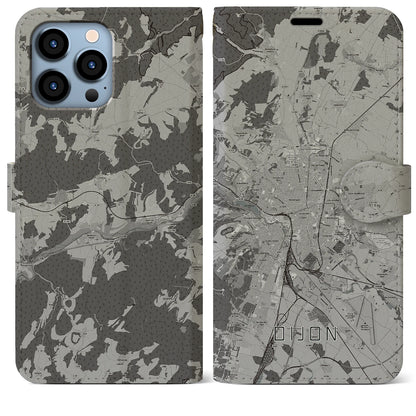 【ディジョン（フランス）】地図柄iPhoneケース（手帳タイプ）モノトーン・iPhone 13 Pro Max 用