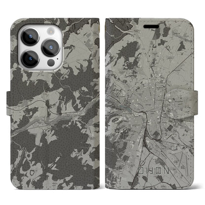 【ディジョン（フランス）】地図柄iPhoneケース（手帳タイプ）モノトーン・iPhone 14 Pro 用