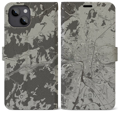 【ディジョン（フランス）】地図柄iPhoneケース（手帳タイプ）モノトーン・iPhone 14 Plus 用