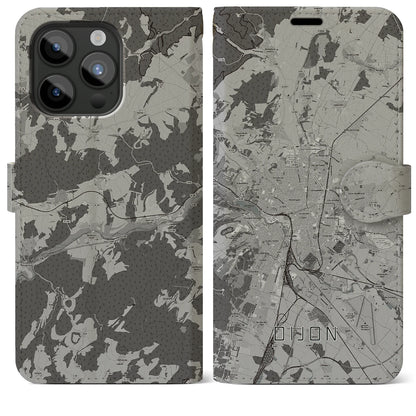 【ディジョン（フランス）】地図柄iPhoneケース（手帳タイプ）モノトーン・iPhone 15 Pro Max 用