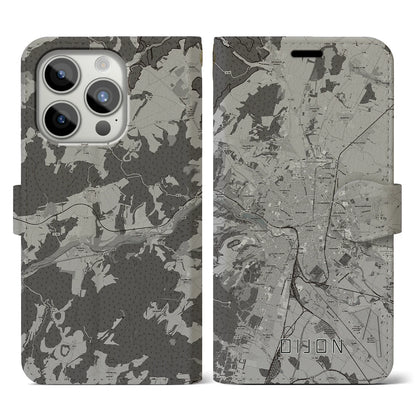 【ディジョン（フランス）】地図柄iPhoneケース（手帳タイプ）モノトーン・iPhone 15 Pro 用