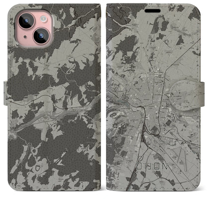 【ディジョン（フランス）】地図柄iPhoneケース（手帳タイプ）モノトーン・iPhone 15 Plus 用