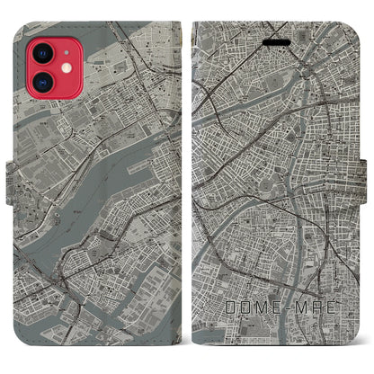 【ドーム前（大阪府）】地図柄iPhoneケース（手帳タイプ）モノトーン・iPhone 11 用