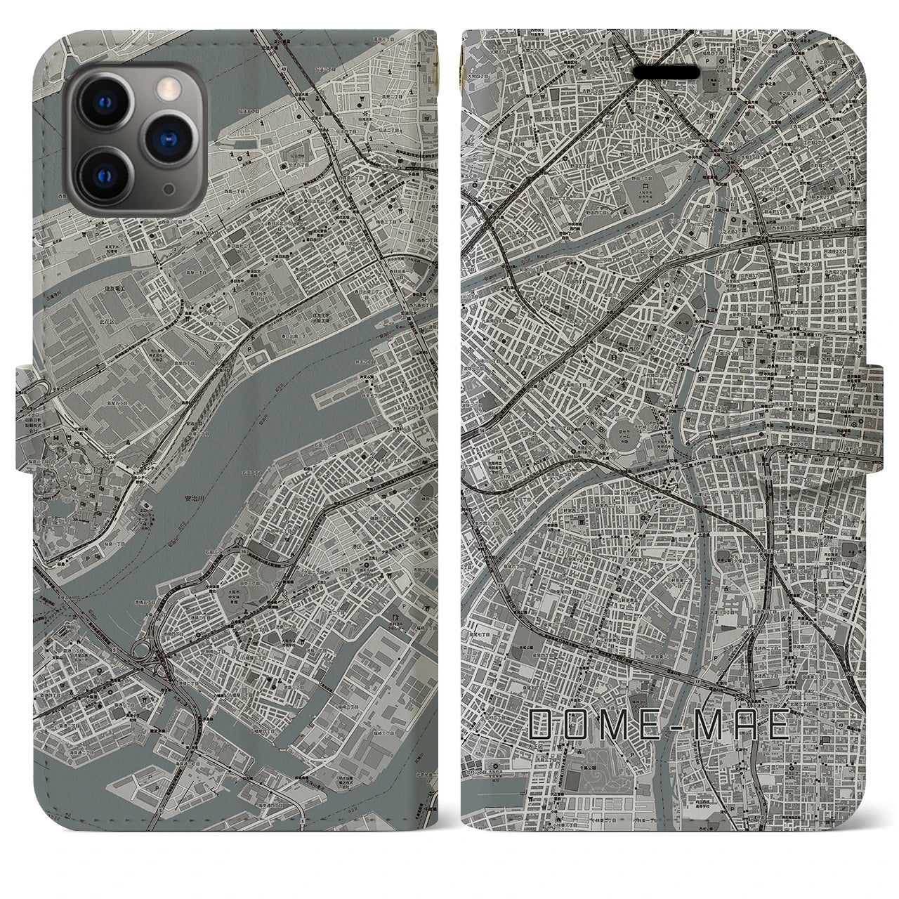 【ドーム前】地図柄iPhoneケース（手帳両面タイプ・モノトーン）iPhone 11 Pro Max 用