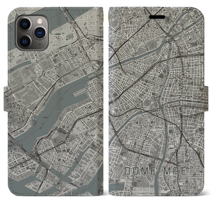 【ドーム前（大阪府）】地図柄iPhoneケース（手帳タイプ）モノトーン・iPhone 11 Pro Max 用