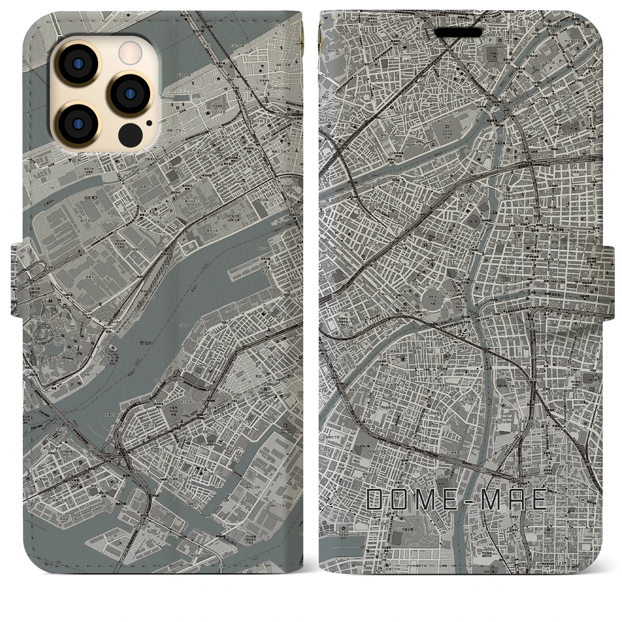 【ドーム前】地図柄iPhoneケース（手帳両面タイプ・モノトーン）iPhone 12 Pro Max 用