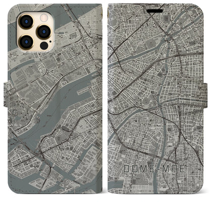 【ドーム前（大阪府）】地図柄iPhoneケース（手帳タイプ）モノトーン・iPhone 12 Pro Max 用