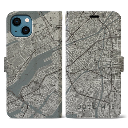 【ドーム前（大阪府）】地図柄iPhoneケース（手帳タイプ）モノトーン・iPhone 13 用