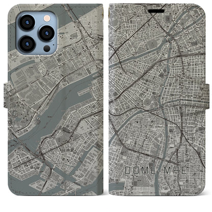 【ドーム前（大阪府）】地図柄iPhoneケース（手帳タイプ）モノトーン・iPhone 13 Pro Max 用