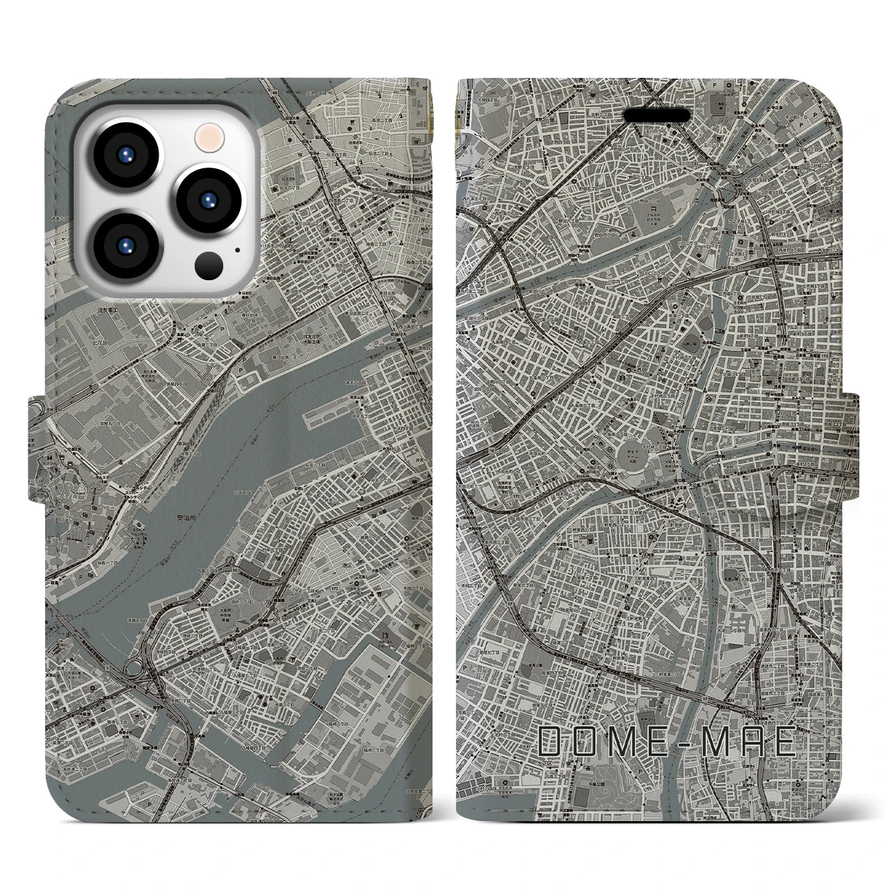 【ドーム前】地図柄iPhoneケース（手帳両面タイプ・モノトーン）iPhone 13 Pro 用