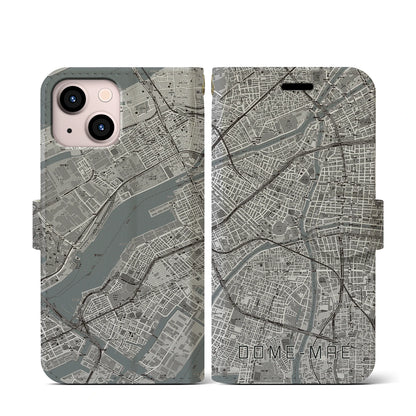 【ドーム前（大阪府）】地図柄iPhoneケース（手帳タイプ）モノトーン・iPhone 13 mini 用